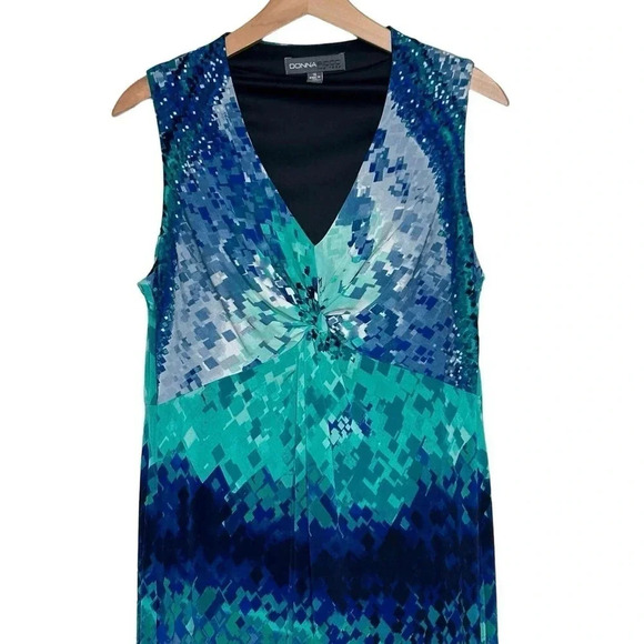 Donna Ricco 14 blue green abstract print sleeveless v-neck maxi dress - Picture 4 of 8